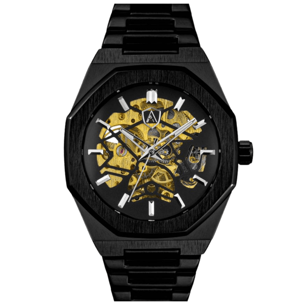 Men's black skeleton dial watch
